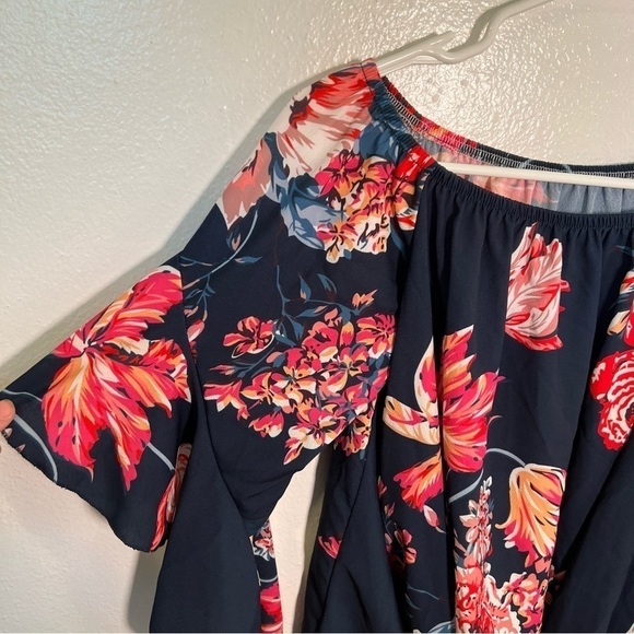 Off Shoulder Blouse Blue Red Floral Tie Front - Picture 9 of 13